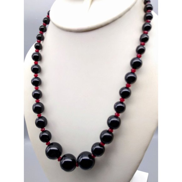 Graduated Lucite Gothic Beaded Necklace, Black Beads with Ruby Red Crystal Space - Picture 3 of 4
